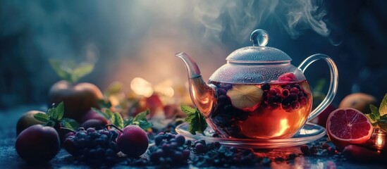Poster - Cozy autumn setting featuring a glass teapot and cup of steaming fruit tea with mint, surrounded by dramatic lighting and space for text.