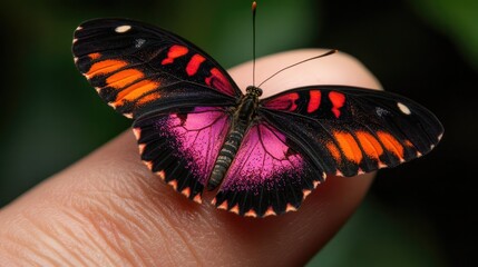 Aufkleber - Colorful butterfly resting on a finger showcasing intricate patterns and vibrant colors in a natural setting.