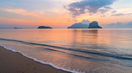 Aufkleber - Tropical beach sunset with serene waters and distant islands offering ample copyspace for text and promotional content