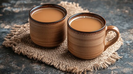 Poster - Aromatic coffee in rustic cups on textured burlap surface inviting warmth and coziness in a serene setting