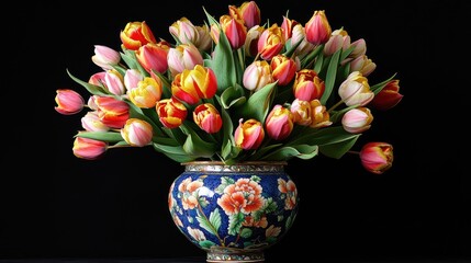 Poster - Colorful tulip bouquet in an ornate vase against a black background showcasing floral elegance and beauty