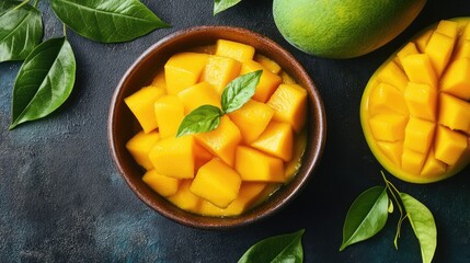 Aufkleber - Bowl of fresh mango chunks garnished with green leaves showcasing bright color and rich texture on a dark background