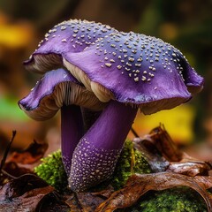 Aufkleber - Macro Photography of Vibrant Purple Mushroom Growing in Moss Surrounded by Autumn Leaves in Lush Forest Environment