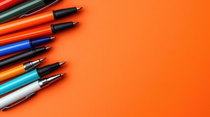 Poster - Vibrant array of colorful office pens arranged on an orange background with ample empty space for text or promotional content