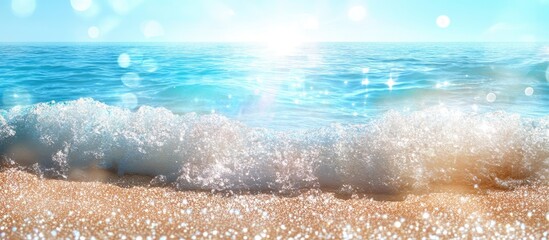 Aufkleber - Sparkling sunlight reflections on ocean waves with serene blue sky and sandy beach creating a tranquil marine seascape ideal for text placement