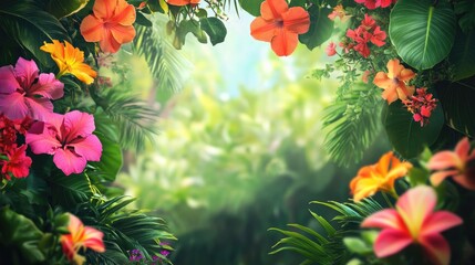 Aufkleber - Vibrant tropical garden scene with colorful flowers and lush greenery creating an inviting backdrop for text or design elements.