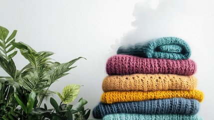 Poster - Colorful Woolen Knitted Clothes Pile with Green Plants and Steaming Iron on White Background Perfect for Home Decor or Fashion Themes