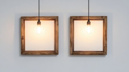 Fototapete - Two empty vintage wooden frames with pendant lights on a minimalist white wall background for artistic interior design and decoration concepts