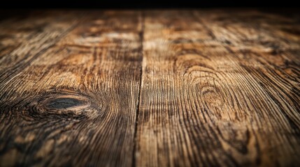 Fototapete - Wooden table surface texture in perspective with a blurred bokeh background and ample empty space for text or graphic overlays