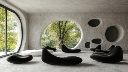Poster - Modern minimalist lounge featuring organic-shaped black seating against a textured cement wall with large windows overlooking lush greenery.