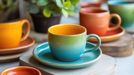 Poster - Colorful ceramic tableware featuring a cup, saucer, and plate in a vibrant gradient design, showcasing modern rustic aesthetics.