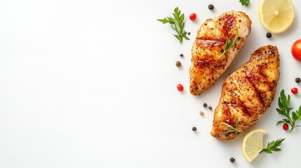 Aufkleber - Grilled chicken fillets with herbs and spices on a white background providing ample copyspace for advertisements or menu designs