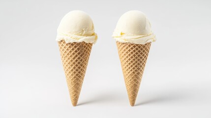 Poster - Delicious vanilla ice cream cones placed side by side on a white background summer treat classic minimalistic design