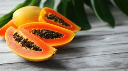 Leinwandbilder - Tropical fruits assortment with sliced papaya on white wooden surface featuring fresh green leaves and empty space for text