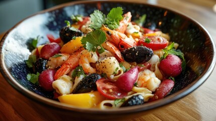 Poster - Colorful Seafood Pasta Dish with Fresh Vegetables Garnished with Herbs in Deep Bowl on Wooden Table