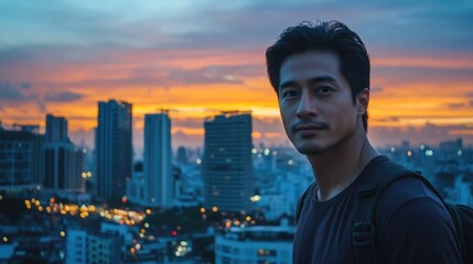 Aufkleber - Scenic city skyline at sunset featuring a man with illuminated buildings and vibrant colors ideal for text overlays and urban themes