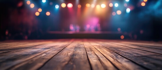 Aufkleber - Studio Dance Floor with Stage and Colorful Lighting in Empty Banquet Room for Event Promotions and Advertisement Text Space
