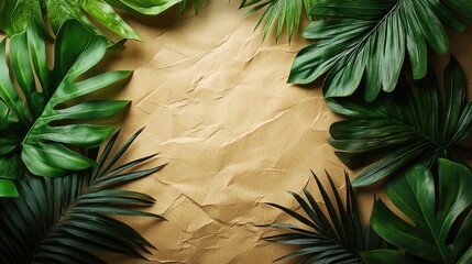 Aufkleber - Top view of assorted palm leaves on crumpled paper background with ample copyspace for natural themed text or design elements