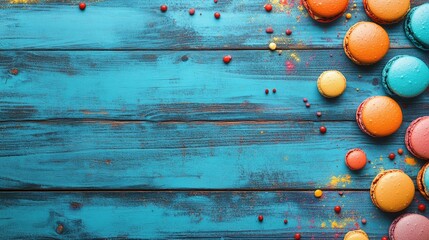 Aufkleber - Colorful Macarons on Rustic Wooden Surface with Space for Text Display in a Bakery or Dessert Shop Setting