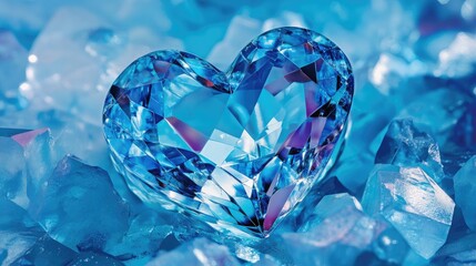 Poster - Blue heart-shaped diamond resting on crystalline ice, shimmering with light reflections in a cool-toned background.