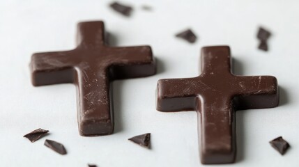 Poster - Dark Chocolate Crosses for Baptism Celebration on White Surface with Shards of Chocolate Chips Surrounding Them