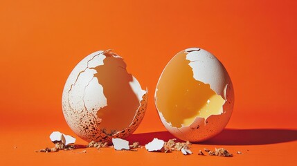 Poster - Two cracked eggshells standing on a vibrant orange backdrop with broken pieces and yolk visible inside the shells