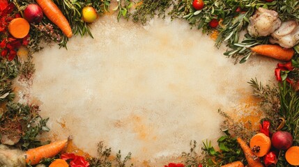 Poster - Traditional Lamb Stew Ingredients Surrounded by Fresh Vegetables and Herbs with Blank Space for Culinary Text or Recipes