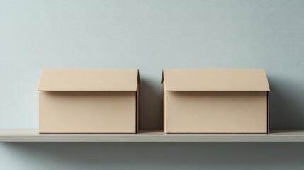 Poster - Two empty cardboard boxes on a minimalist shelf with a soft blue background showcasing simplicity and storage solutions
