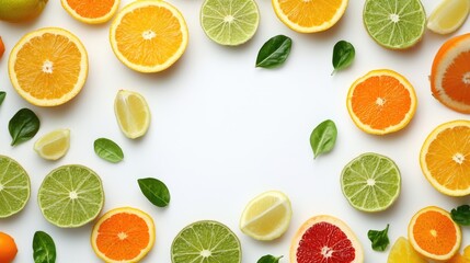 Aufkleber - Colorful Fresh Citrus Fruits and Leaves Arranged for Health Benefits with Blank Space for Promotional Text or Dietary Information