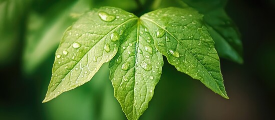 Fototapete - Vibrant green leaf with water droplets and soft blurred background ideal for nature-themed designs and text overlay opportunities