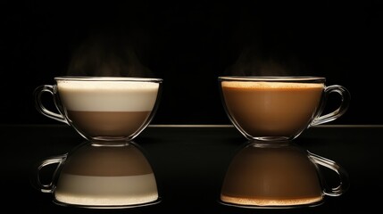 Aufkleber - Cappuccino and latte cups with steam on a reflective black surface showcasing contrast in colors and textures.