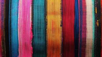 Poster - Colorful close up of textile spools showcasing various vibrant threads with ample blank space for creative text or branding integration