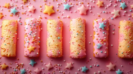 Aufkleber - Decorative handmade crackers with colorful stars on pink background for festive celebrations and invitations with empty space for text