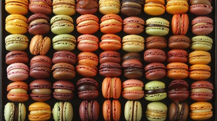 Aufkleber - Colorful Assortment of French Macarons Displayed Neatly with a Space for Text or Branding in an Elegant Setting