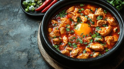 Poster - Korean spicy chicken stew in a traditional clay pot with vibrant ingredients and empty space for text in a rustic setting