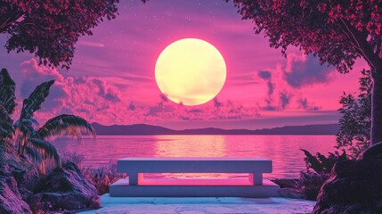 Wall Mural - cosmic summer evening scene with vibrant colors and serene atmosphere featuring a majestic full moon