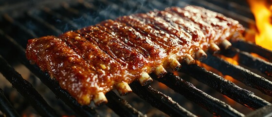 Wall Mural - Barbecue ribs grilling on hot charcoal with flames and smoke for a delicious meal concept