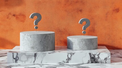 Poster - Empty cement podiums on a white marble base with question mark symbols representing uncertainty and potential in a minimalist setting