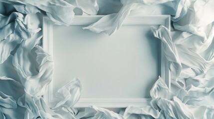 Fototapete - Modern empty frame surrounded by delicate white fabric creating a minimalist backdrop for showcasing wall art or decor ideas in a bedroom setting.