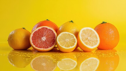 Aufkleber - Colorful Citrus Fruits Displayed Against a Bright Yellow Background with Reflections