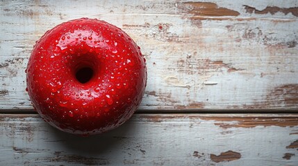 Aufkleber - Top View of Glossy Red Donut on Rustic White Wooden Surface with Space for Text Display