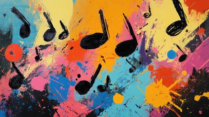 Poster - Colorful Abstract Art Featuring Musical Notes with Brush Strokes and Splatters