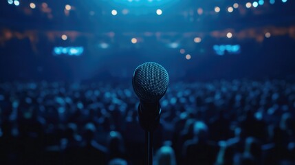 Aufkleber - Close up of a stage microphone with blurred concert hall audience in the background creating ample space for promotional text or messaging