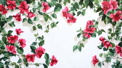 Leinwandbilder - Bougainvillea Flowers Climbing on White Wall Surrounded by Lush Green Foliage for a Tropical Garden Aesthetic
