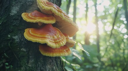 Leinwandbilder - Vibrant Bracket Fungus Growing on Tree Trunk in Lush Forest with Soft Bokeh and Warm Green Background