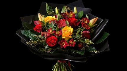 Poster - Vibrant floral bouquet representing the beauty of nature with colorful roses lilies and greenery on a dark background