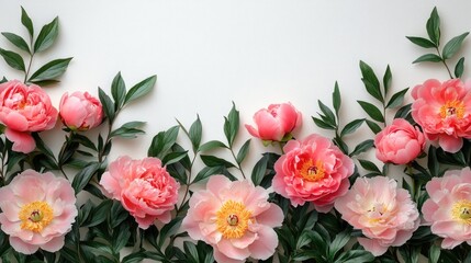 Leinwandbilder - Top view of soft pink peonies and green leaves on a white backdrop creating a tranquil space for your text or design elements.