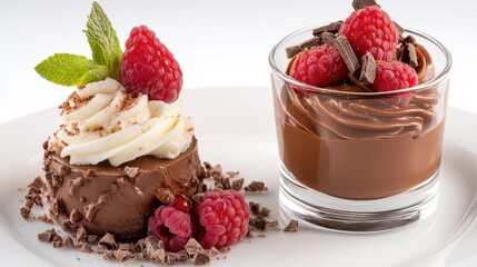 Poster - Decadent Chocolate Desserts Garnished with Fresh Raspberries and Mint on a White Plate