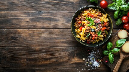 Poster - Delicious bolognese pasta with minced pork garnished with fresh basil and tomatoes on a rustic wooden table setting