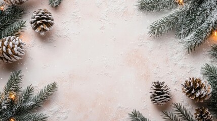 Wall Mural - Winter Holiday Background with Snowy Pinecones and Greenery for Text Insertion